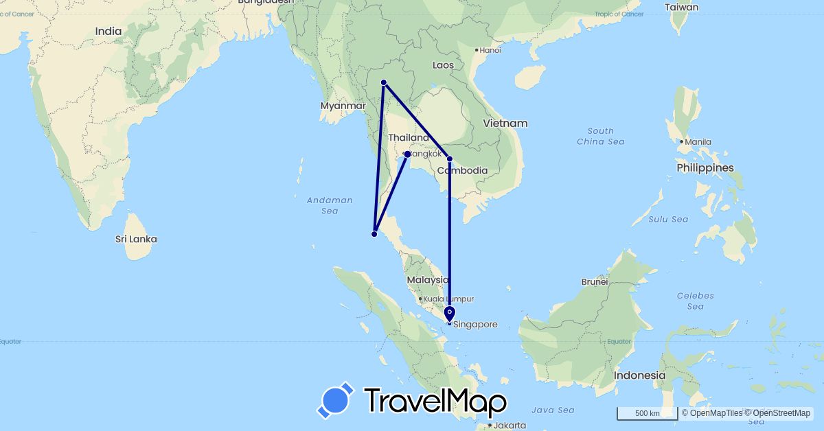 TravelMap itinerary: driving in Cambodia, Singapore, Thailand (Asia)