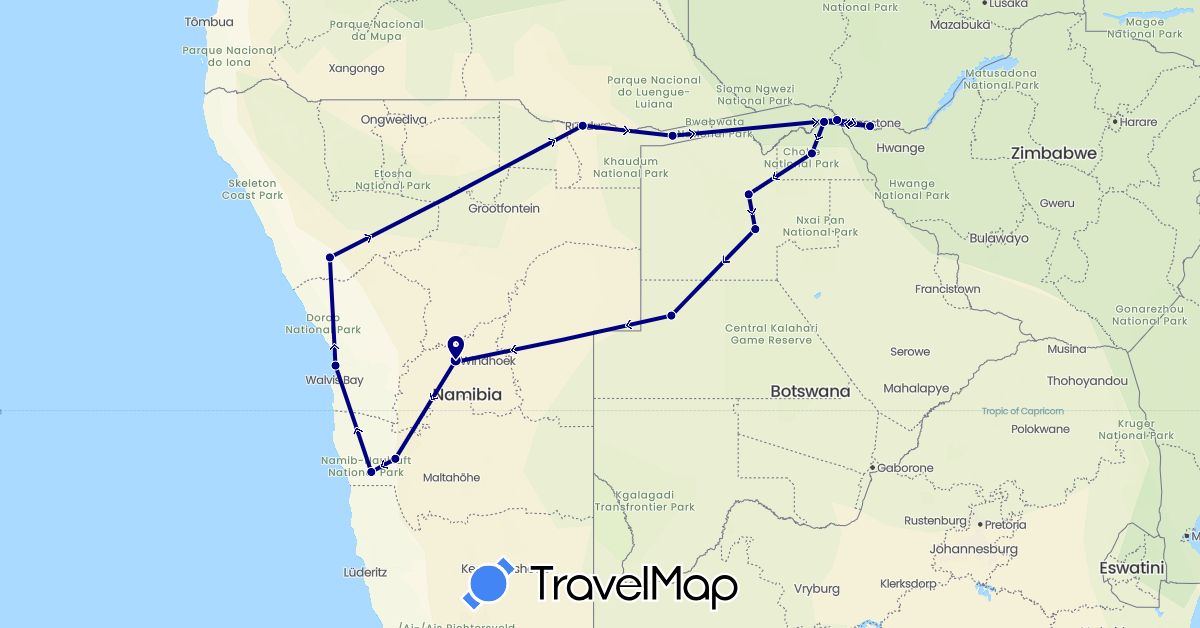 TravelMap itinerary: driving in Botswana, Namibia, Zambia (Africa)